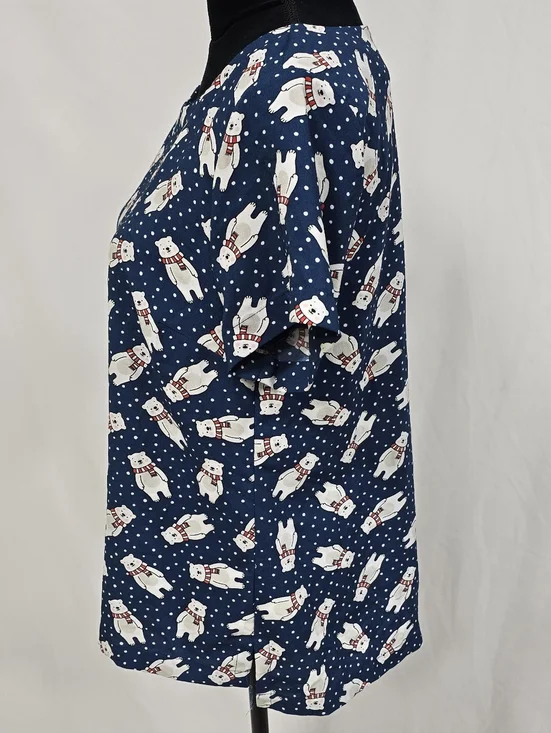 ModCloth women L polar bear christmas holiday blouse short sleeve AOP polka dot - Picture 4 of 7